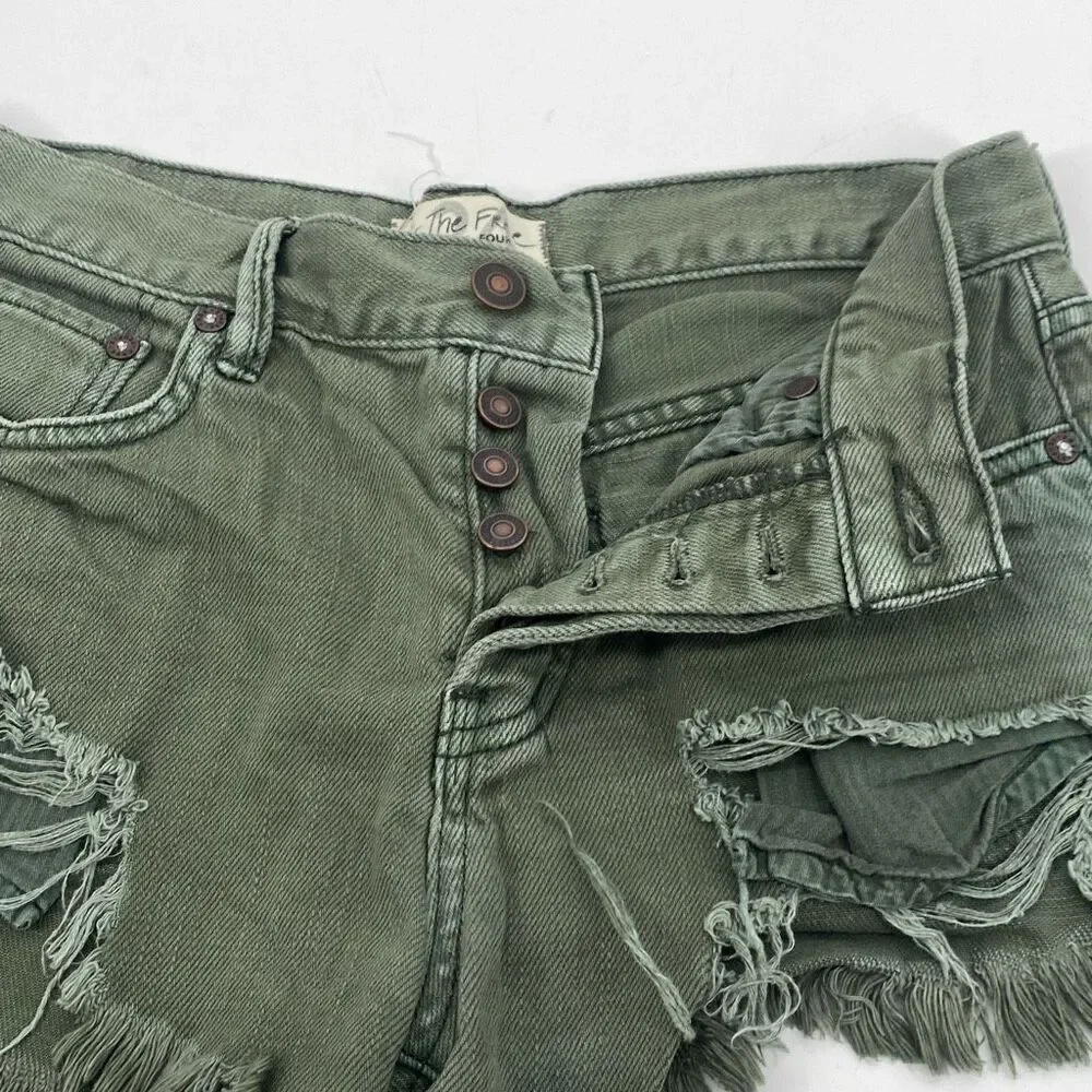 Free People Loving Good Vibrations Cutoff Denim Shorts Frayed Hem Button Close S